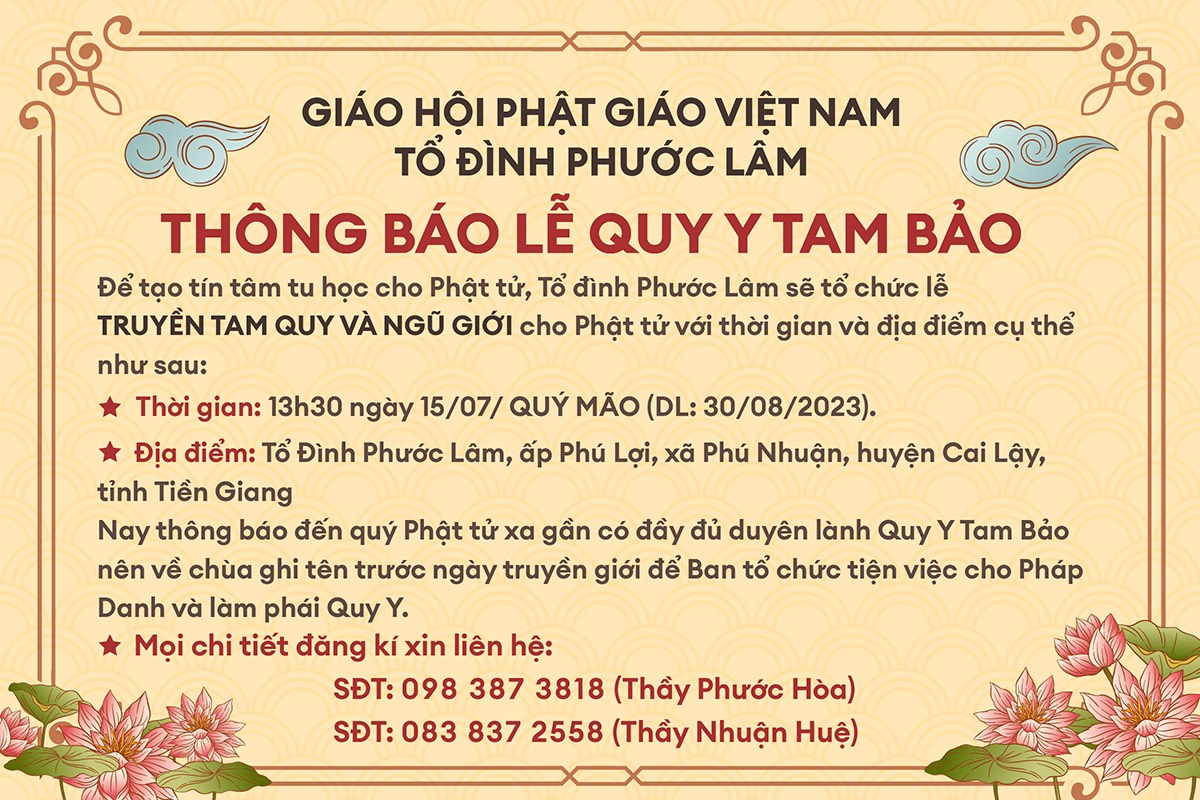 Tổ Đình Phước Lâm: Thông Báo Lễ Quy Y Tam Bảo Nhân Ngày Rằm Tháng 7 Năm Quý Mão