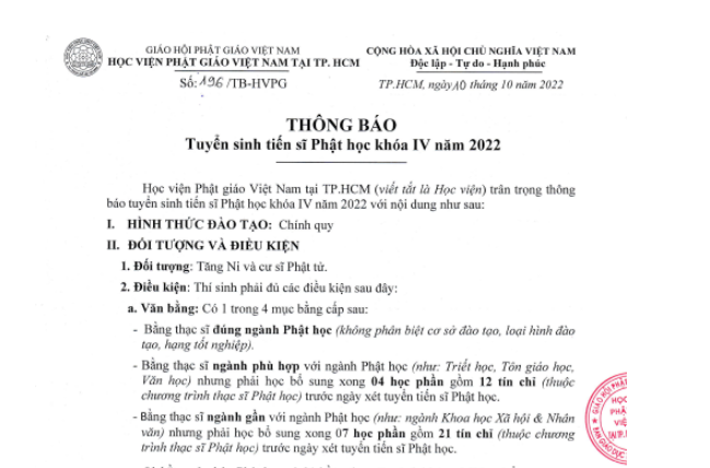 Thông Báo: Tuyển sinh Tiến sĩ Phật học khóa IV năm 2022